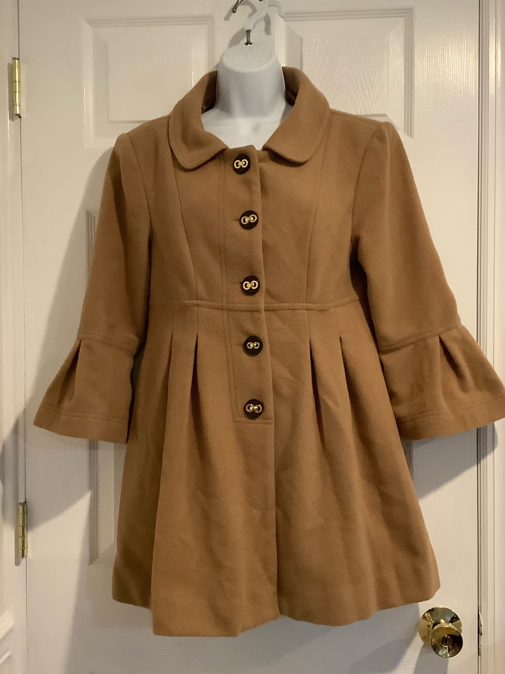 SKIRTIN AROUND Caramel Camel Wool Blend 3/4 Ruffle Sleeve Fit & Flare Coat 8